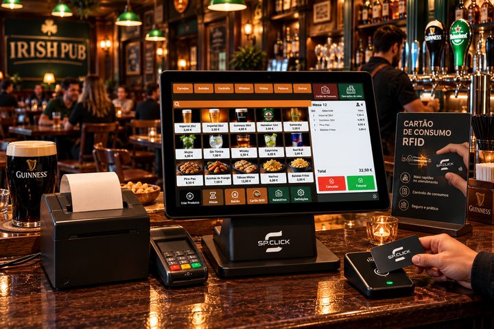 Terminal POS SP.CLICK num balcão de bar, com impressora, terminal de pagamento e leitor de cartão de consumo RFID