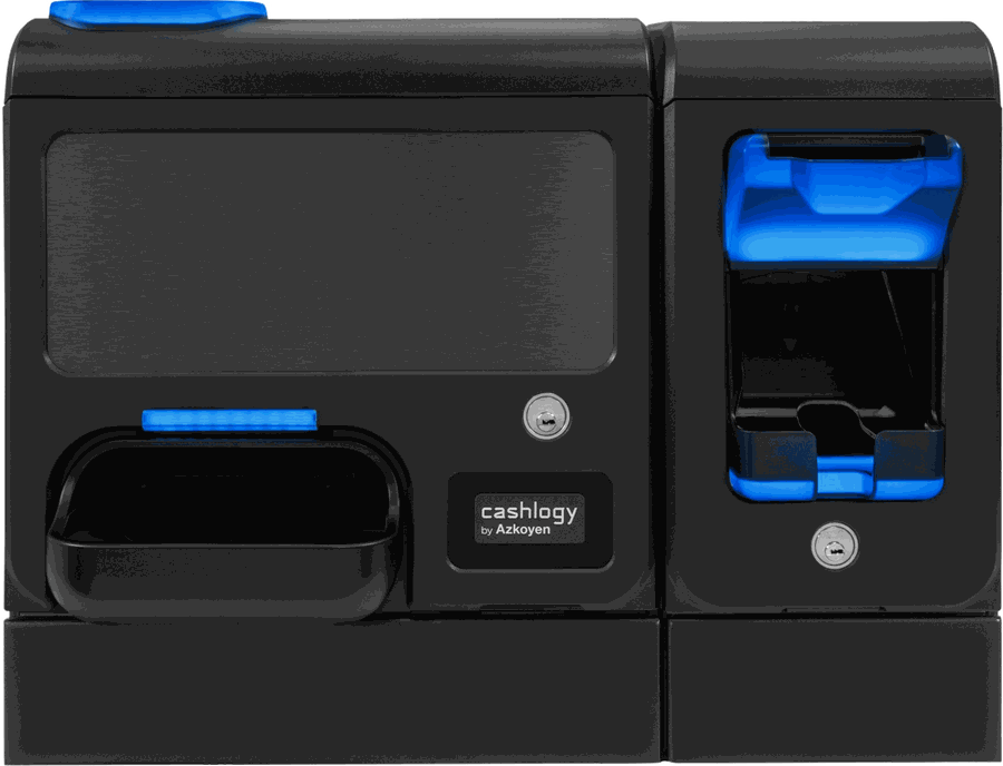 Máquina de pagamento automático Cashlogy by Azkoyen, com entrada de notas e moedas e saída de troco