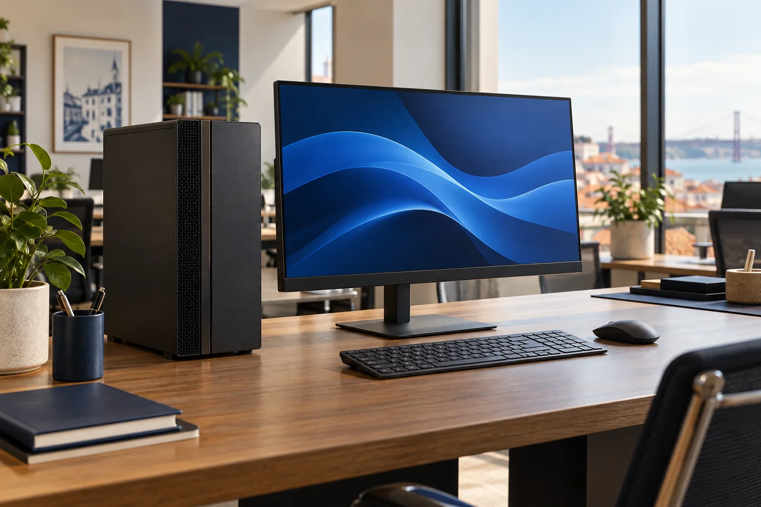 Imagem ilustrativa de um computador desktop com torre, monitor, teclado e rato num escritório