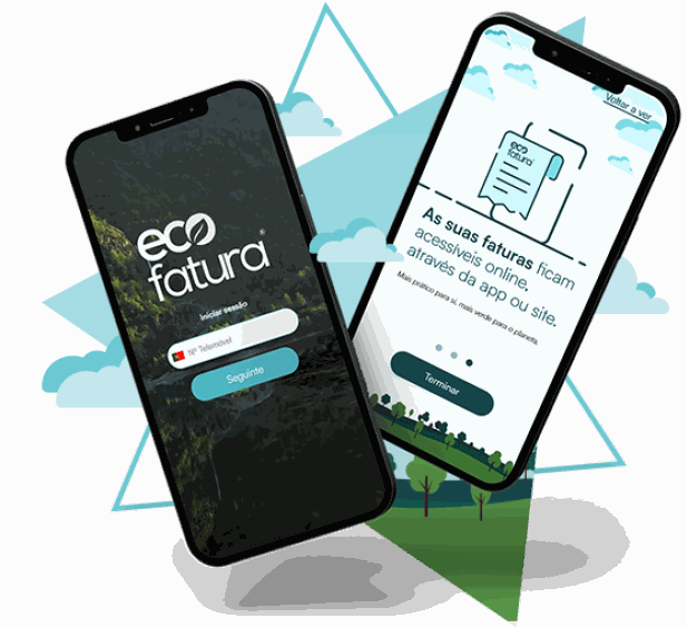 App Ecofatura em dois smartphones: ecrã de início de sessão e faturas acessíveis online através da app ou do site