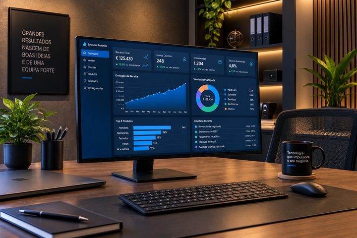 Escritório com monitor a mostrar um painel de gestão com vendas e clientes
