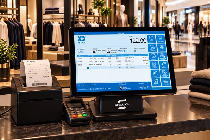 Terminal POS SP.CLICK com XD Retail numa loja de roupa, com impressora de talões e terminal de pagamento