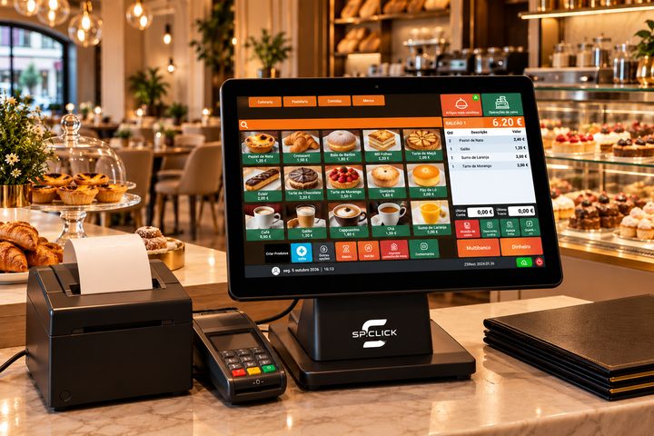 Terminal POS SP.CLICK com software de pastelaria num balcão de café, com bolos e pastéis de nata em exposição