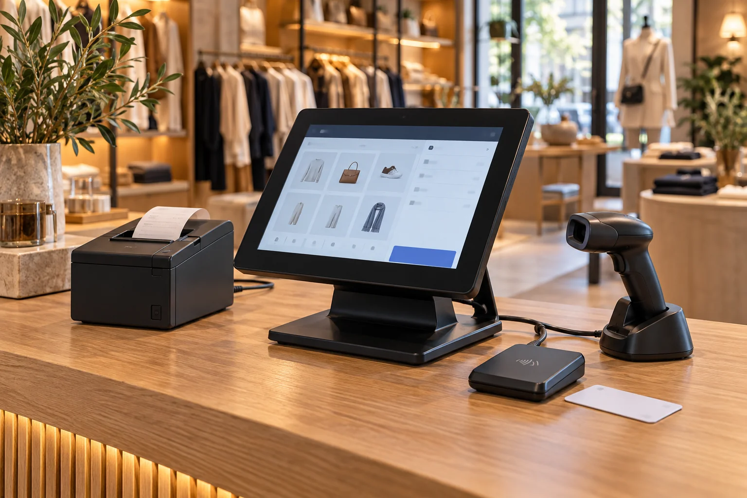 Cena ilustrativa de um balcão com terminal POS, impressora de talões, leitor de códigos de barras e leitor RFID