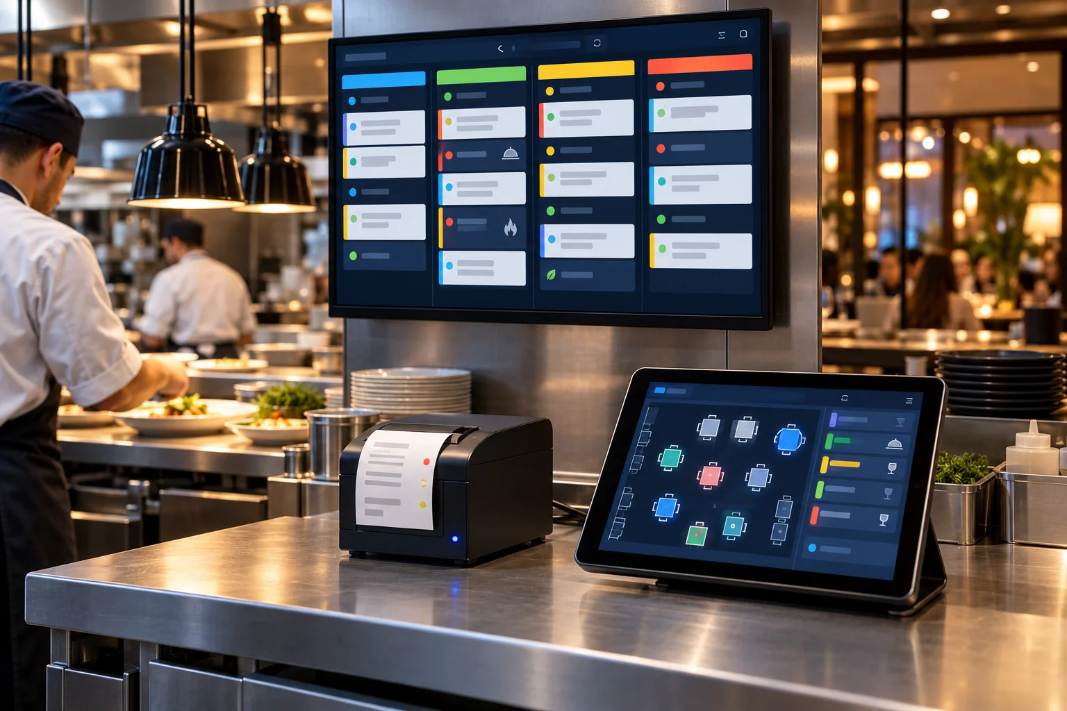 Cena ilustrativa de cozinha com monitor de pedidos, impressora de cozinha e tablet