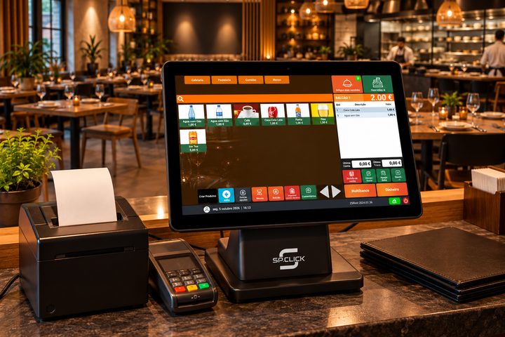 Terminal POS SP.CLICK com software de restauração, impressora de talões e terminal de pagamento num balcão de restaurante