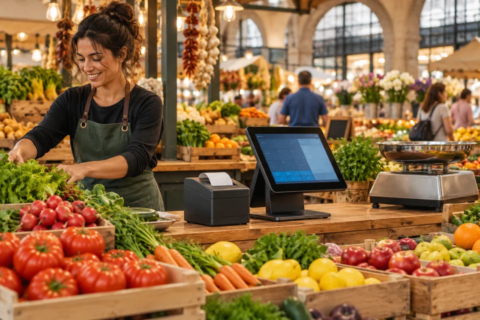 Banca de mercado com frutas, terminal POS, impressora de talões e balança — imagem ilustrativa
