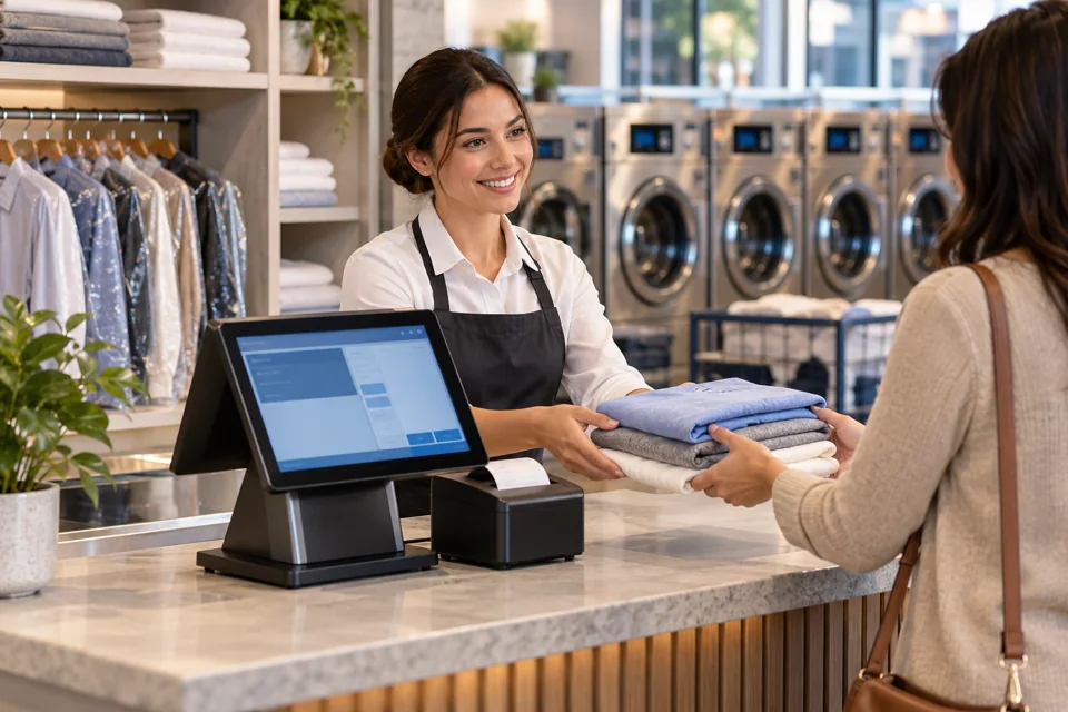 Balcão de lavandaria com terminal POS e impressora de talões — imagem ilustrativa