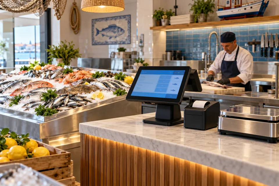Peixaria com expositor refrigerado, terminal POS, impressora de talões e balança — imagem ilustrativa
