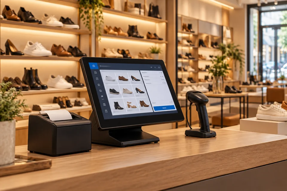 Sapataria com terminal POS, impressora de talões e leitor de códigos de barras — imagem ilustrativa