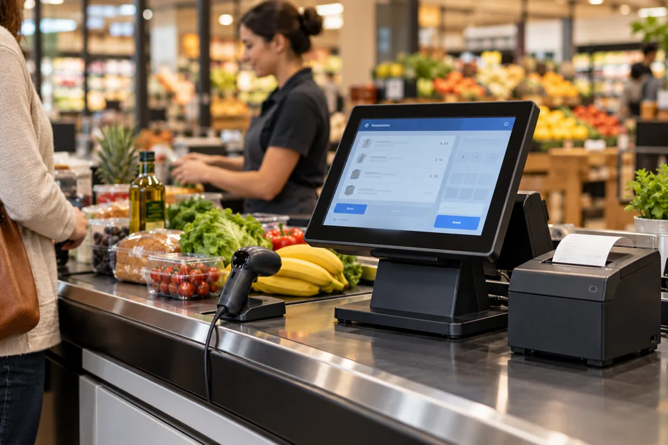 Balcão de supermercado com terminal POS, impressora de talões e leitor de códigos de barras — imagem ilustrativa