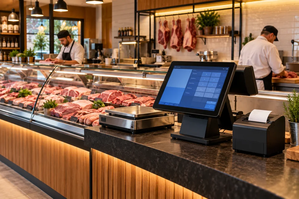 Talho com terminal POS, impressora de talões e balança junto ao balcão — imagem ilustrativa