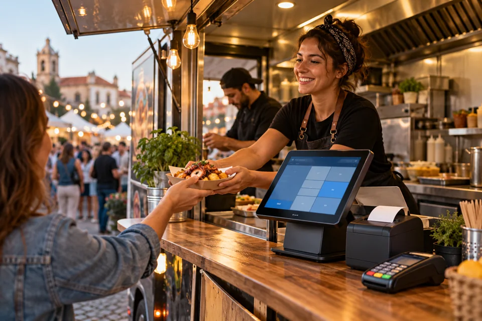 Janela de atendimento de roulote com terminal POS, impressora de talões e terminal de pagamento — imagem ilustrativa