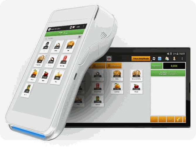 ZS Mobile num terminal TPA Android e num tablet, com o ecrã de venda e fatura simplificada