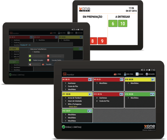 ZS Monitor em tablets: ecrã da cozinha com pedidos por cores e ecrã de cliente com pedidos em preparação e a entregar