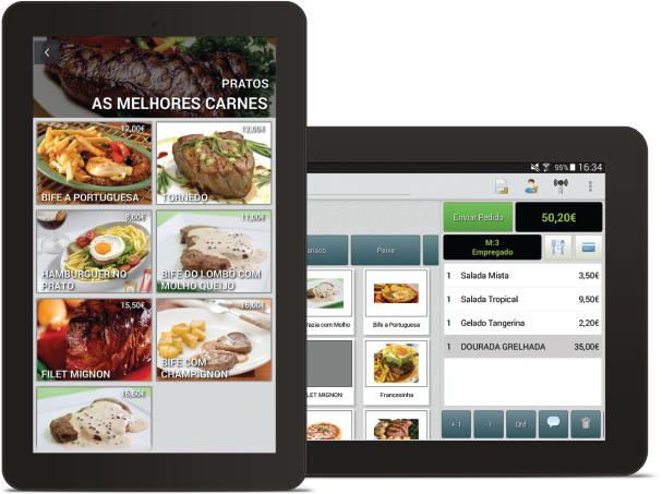ZS Rest App em tablets: menu digital com pratos e ecrã de registo de pedidos à mesa